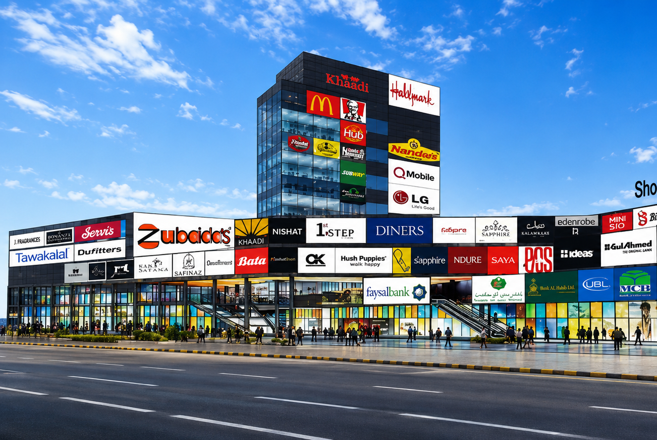 Retail mall exterior with leading brands
